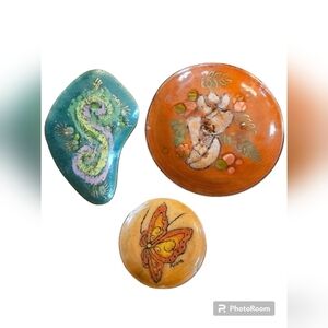 Set of 3 small mid century modern enameled studio art trinket dishes.